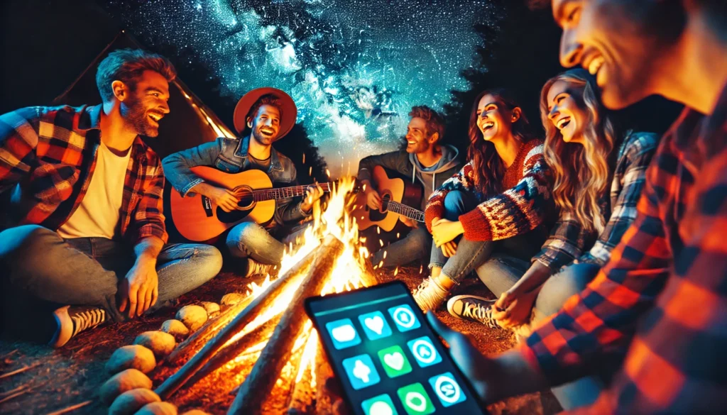 Image 3: Social Connection Without Screens
ALT text: "A vibrant outdoor scene of friends gathered around a bonfire at night, enjoying a digital detox challenge. They are laughing, sharing stories, and playing acoustic music under a starry sky, highlighting human connection and time away from screens."
