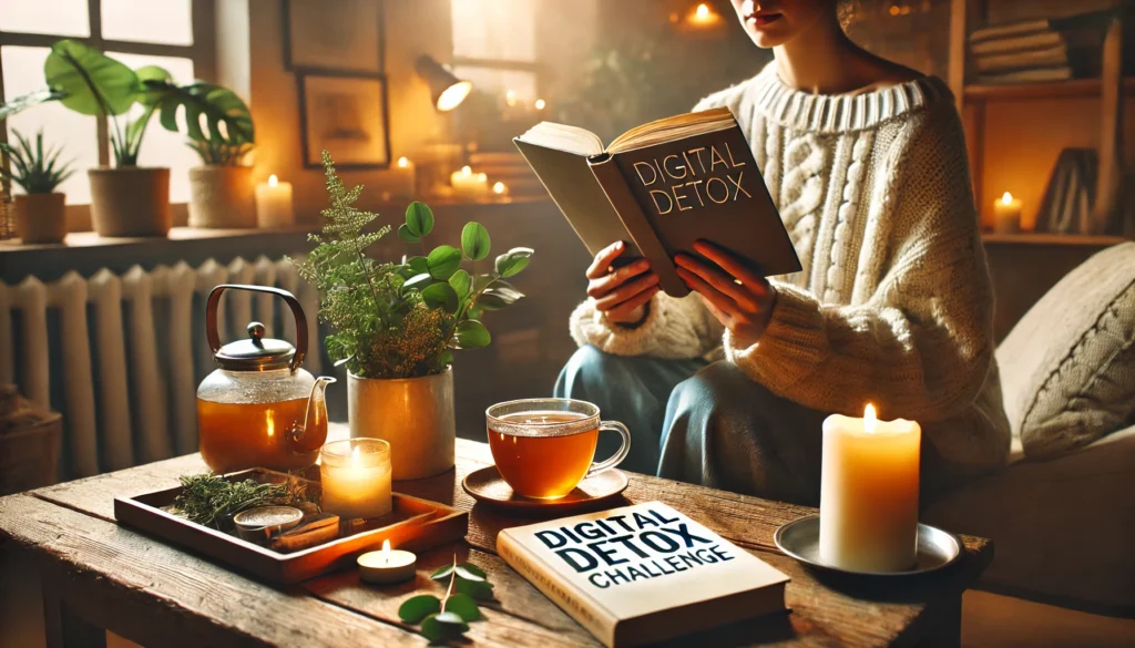 Image 2: Cozy Indoor Reading Retreat
ALT text: "A cozy indoor setting with a person reading a book in a softly lit room, embracing a digital detox challenge. The warm atmosphere includes candles, plants, and a cup of herbal tea, emphasizing relaxation and mindfulness away from screens."