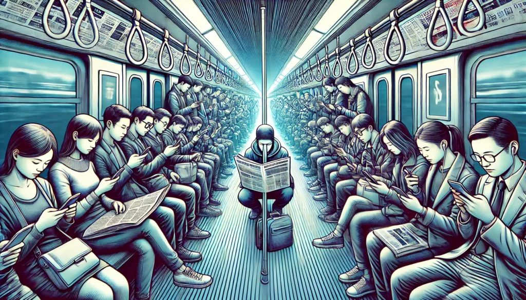 An artistic digital composition depicting a crowded subway where most passengers are glued to their smartphones, except for one person who is attentively reading a physical newspaper, symbolizing the shift in news consumption habits.