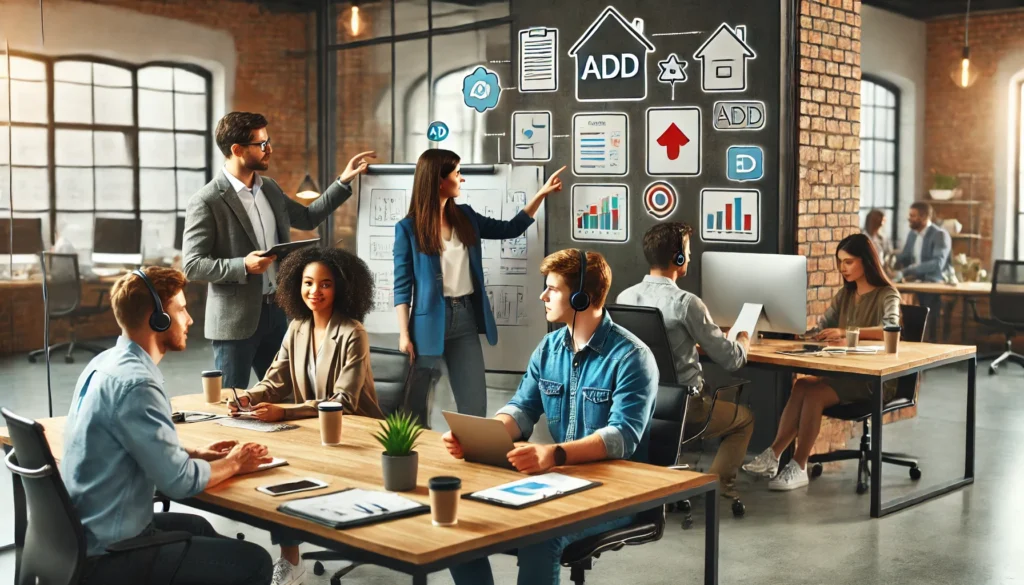 A group of coworkers in a modern office space, collaborating effectively and fostering inclusivity, highlighting strategies for understanding someone with ADD in the workplace.