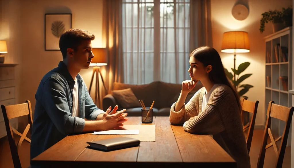 A calm and supportive family discussion at a dining table, showing the value of patience and empathy in understanding someone with ADD within a family setting.