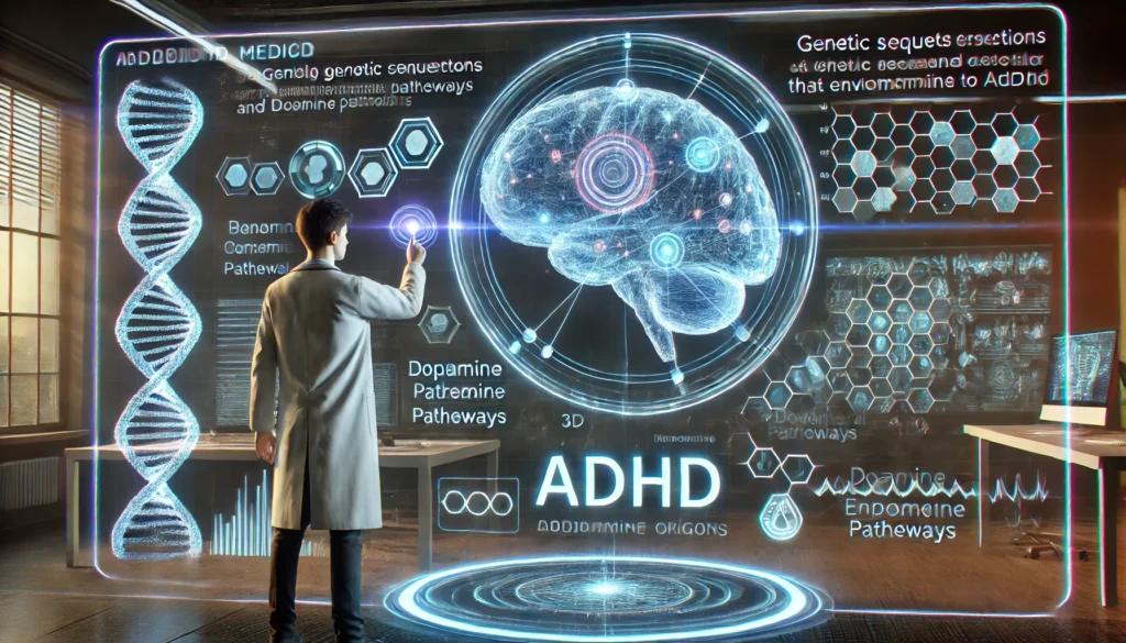 "A futuristic medical scene where a researcher analyzes a 3D holographic projection of a human brain with ADHD-related regions highlighted. The high-tech laboratory features glowing digital interfaces displaying genetic sequences and environmental factors."