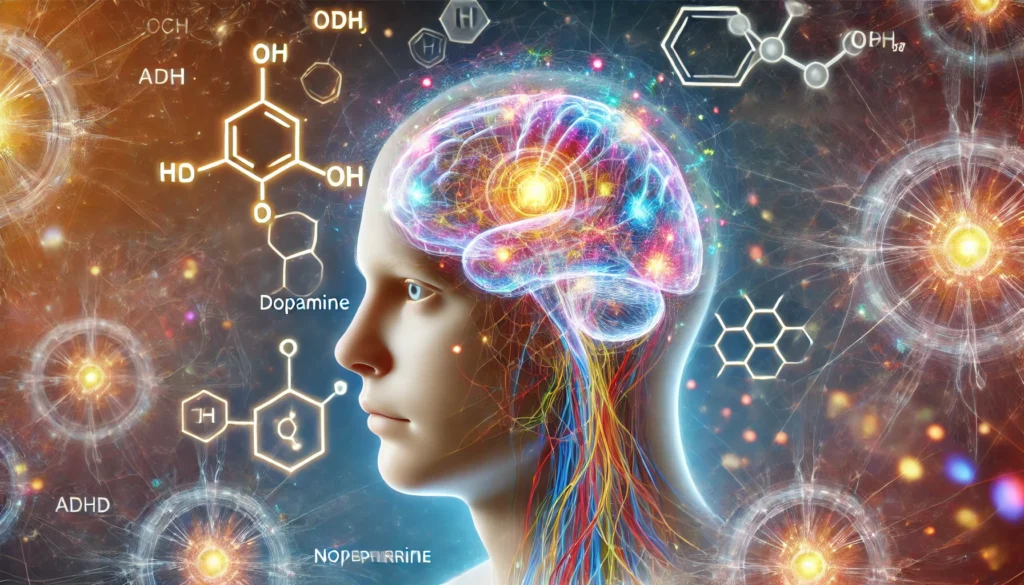 "An artistic depiction of the human brain with ADHD-related neural pathways highlighted. Vibrant neural connections emphasize attention and impulse control areas, with neurotransmitter molecules like dopamine and norepinephrine surrounding the brain."