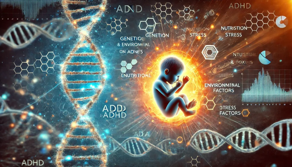 "A conceptual image illustrating the interplay between genetics and environmental factors in ADHD. On one side, a glowing DNA strand highlights ADHD-related genes, while the other side depicts a developing fetus in the womb surrounded by environmental influences."