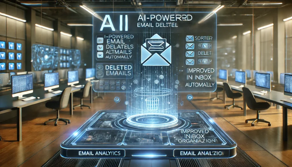 A futuristic AI-powered email deleter software displayed on a digital screen. The interface shows an intelligent system sorting and deleting spam emails automatically. A holographic display projects email analytics, highlighting improved inbox organization. The high-tech workspace with ambient lighting conveys innovation in email management.