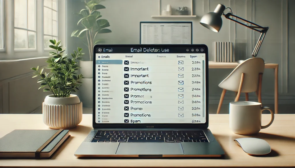 A minimalist home office setup with a sleek laptop displaying an email deleter tool in action. The screen shows an intuitive email sorting system, organizing messages into categories like 'Important,' 'Promotions,' and 'Spam.' The clean desk, potted plant, and soft lighting emphasize a stress-free and organized digital workspace.