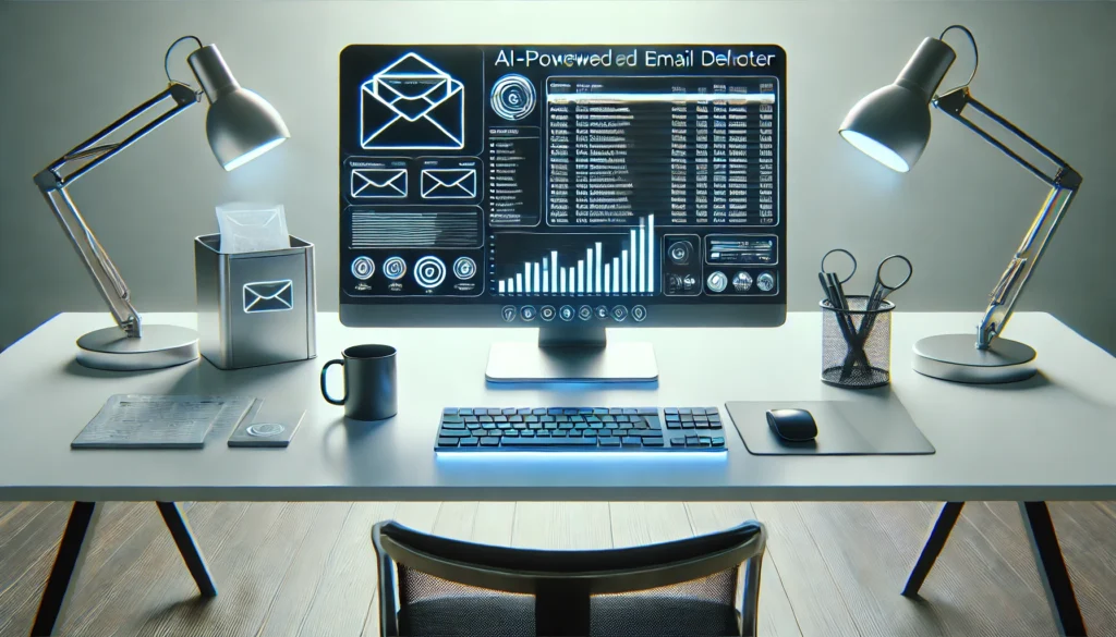 "A futuristic digital workspace featuring an AI-powered email deleter interface on a sleek laptop screen. The setup includes a modern desk, a coffee cup, and ambient lighting, symbolizing efficiency and smart inbox management."