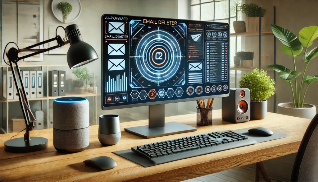 A high-tech workspace featuring a futuristic AI-powered email deleter displayed on a sleek ultra-wide monitor. The setup includes a minimalist desk, a mechanical keyboard, a smart assistant speaker, and a potted plant, creating a productive and organized digital workspace.