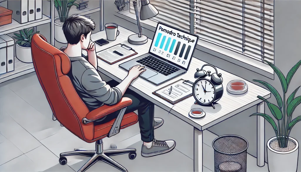 "A coworking space where a person with ADHD is using the Pomodoro Technique to stay productive. The individual is working on a laptop with a timer set beside them, taking short scheduled breaks while maintaining high efficiency. The workspace is clean, with a few productivity-enhancing tools like a notepad, ergonomic chair, and a cup of tea for relaxation."
