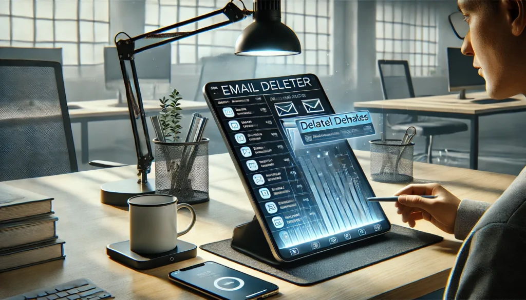 "A professional workspace with a smart tablet displaying an advanced email deleter app in action. The screen shows a graphical interface filtering and deleting spam emails, efficiently organizing the inbox. The workspace is designed for productivity, featuring a wireless charging pad, a modern desk lamp, and a cup of coffee. A large window in the background allows natural daylight, creating a clean and organized work environment."