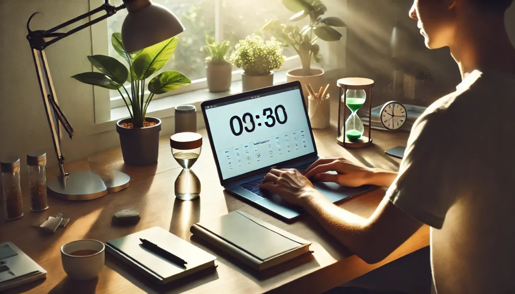 A serene morning workspace with a minimalist desk setup. A person is engaged in deep work on a laptop, with a Pomodoro timer running on the screen. The clean desk includes a water bottle, planner, and pen, ensuring an organized and focused work setting.