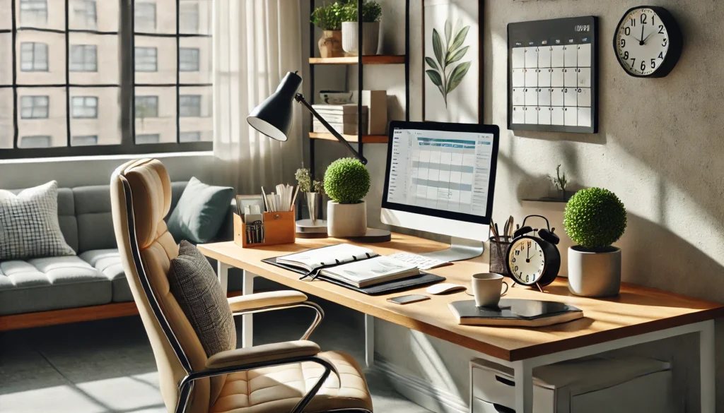 A peaceful and organized home office designed for maximum focus and productivity. The workspace includes a sleek wooden desk, a comfortable ergonomic chair, a laptop with a time management app open, and a neatly arranged planner. Natural light streams through large windows, illuminating a minimalist decor with potted plants and a cozy coffee mug on the desk.