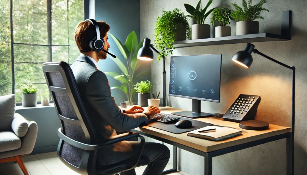 A sleek modern home office setup featuring a professional remote worker using a high-quality wireless headset. The workspace is designed for productivity, with a large monitor, ergonomic chair, and soft ambient lighting. A cup of coffee and a notebook sit beside the keyboard, while lush green plants enhance the calming atmosphere.