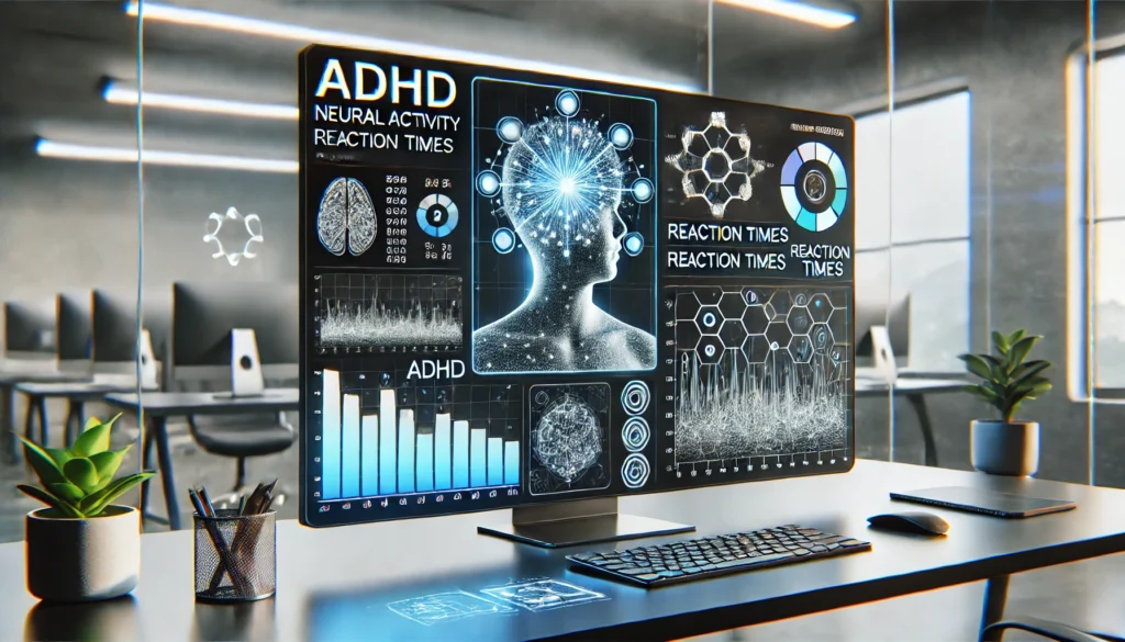 A futuristic AI-powered ADHD diagnostic tool analyzing data on a virtual screen, symbolizing the advancement of digital ADHD assessments.
ALT Text: "Futuristic AI-driven ADHD test interface analyzing brain activity and behavioral patterns."