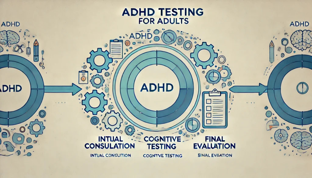 A visual representation of the ADHD testing timeline, illustrating different phases of the process: consultation, cognitive testing, and final evaluation.
ALT Text: "Illustration of the ADHD testing timeline for adults, showing key phases from consultation to diagnosis."