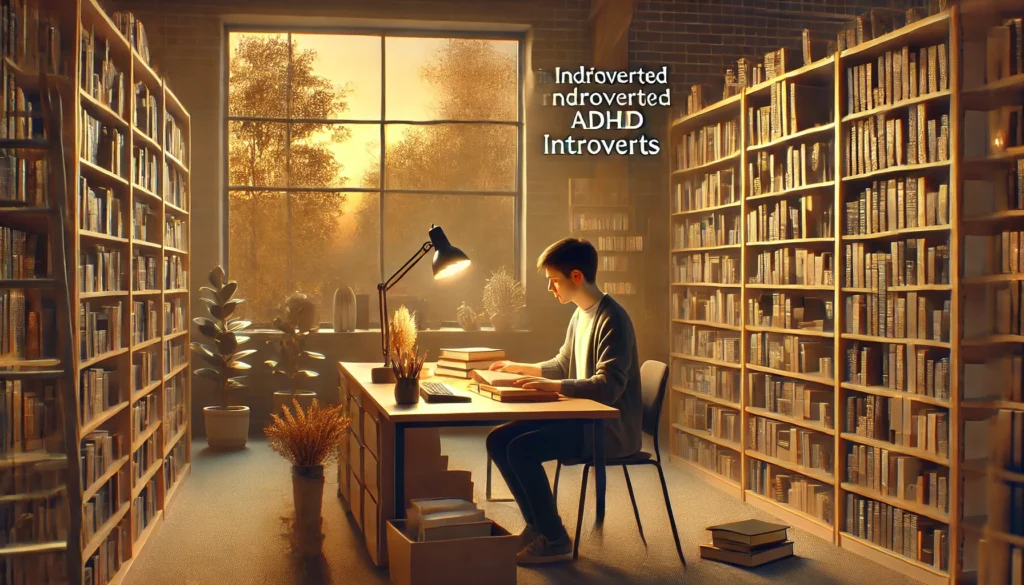 A librarian with ADHD organizing bookshelves in a serene library setting, enjoying the structured and peaceful environment.
ALT Text: "ADHD introvert working as a librarian, organizing books in a quiet and structured library atmosphere."