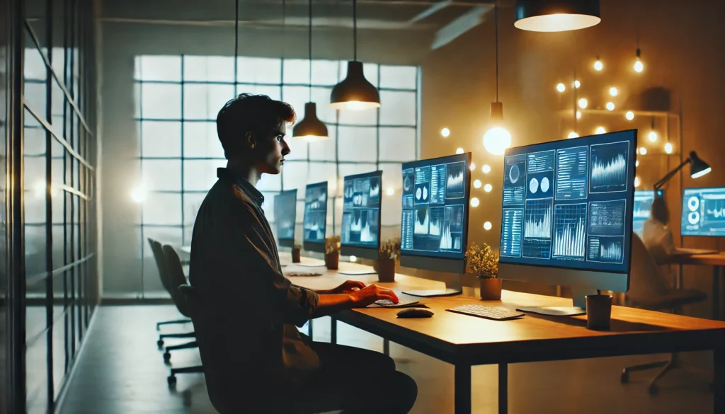 A data analyst with ADHD working in a quiet, modern office, analyzing charts on multiple screens, illuminated by a soft monitor glow.
ALT Text: "ADHD introvert thriving as a data analyst in a quiet workspace, analyzing complex information."