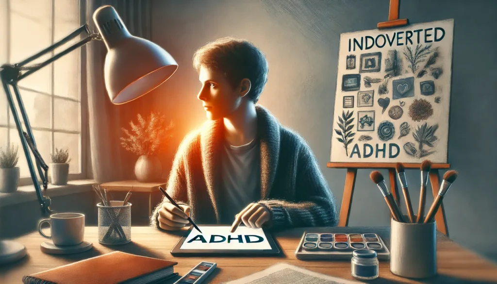 An artistic depiction of a creative ADHD introvert sketching on a tablet or writing in a notebook, immersed in their work.
ALT Text: "Creative ADHD introvert working as a writer or graphic designer in a calm and personalized workspace."