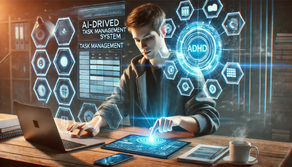 A futuristic ADHD individual using AI-driven technology for task management and productivity enhancement.
ALT Text: "How to be successful with ADHD: AI-powered task management tools helping with organization and efficiency."