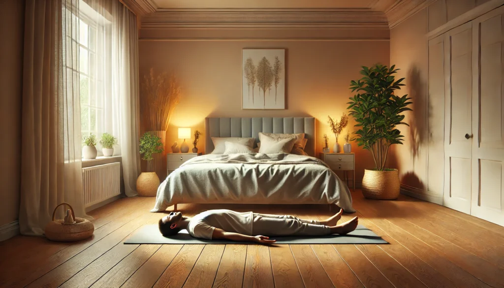 A serene bedroom featuring a person lying on a yoga mat, practicing deep breathing exercises. The softly lit room includes wooden flooring, a small potted plant, and calming decor, creating a peaceful environment for relaxation.