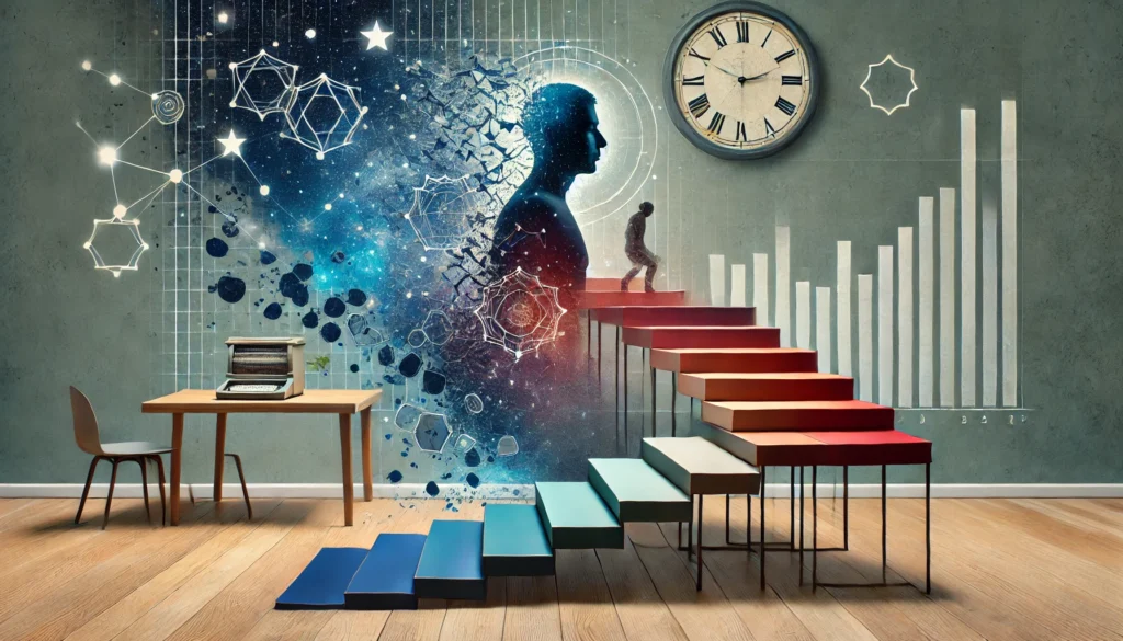 A conceptual illustration of disrupted sleep stages due to reduced sleep, represented by a fragmented staircase symbolizing incomplete sleep cycles. Abstract elements like a fading clock and blurred stars emphasize the challenges of insufficient restorative sleep.