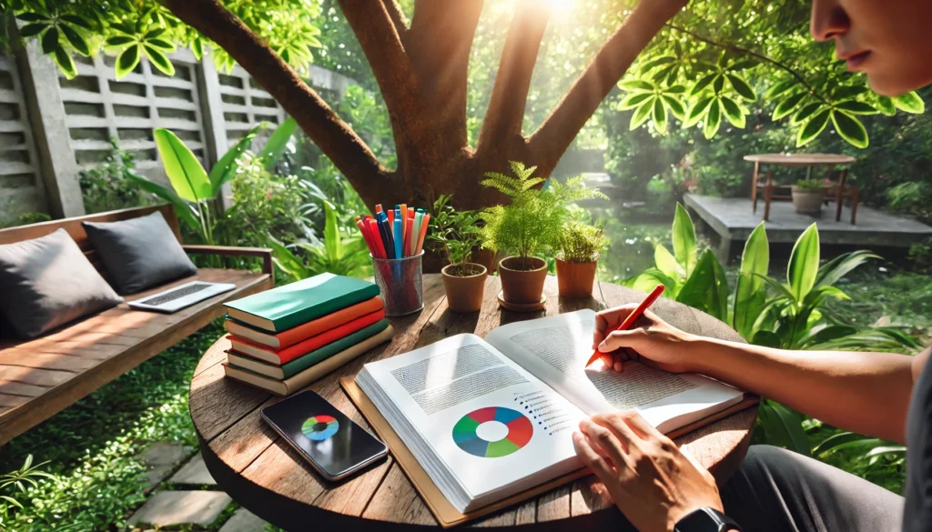 An outdoor study environment with a person analyzing a text using a notebook and colored markers. The setup includes a table under a tree, surrounded by greenery and sunlight, symbolizing a refreshing and effective approach to understanding written material.