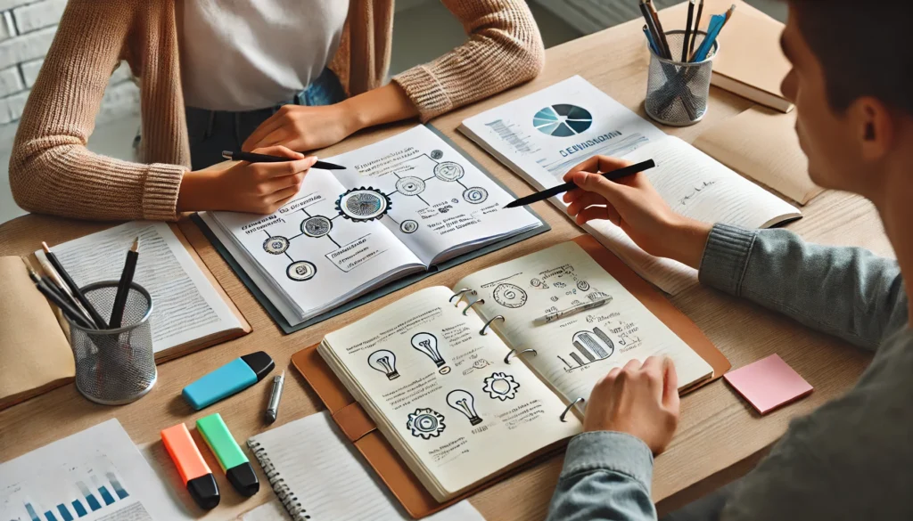 A collaborative study session featuring two individuals, one explaining concepts using a diagram while the other takes notes. The desk is equipped with notebooks, pens, and highlighters, emphasizing active discussion for better text comprehension.