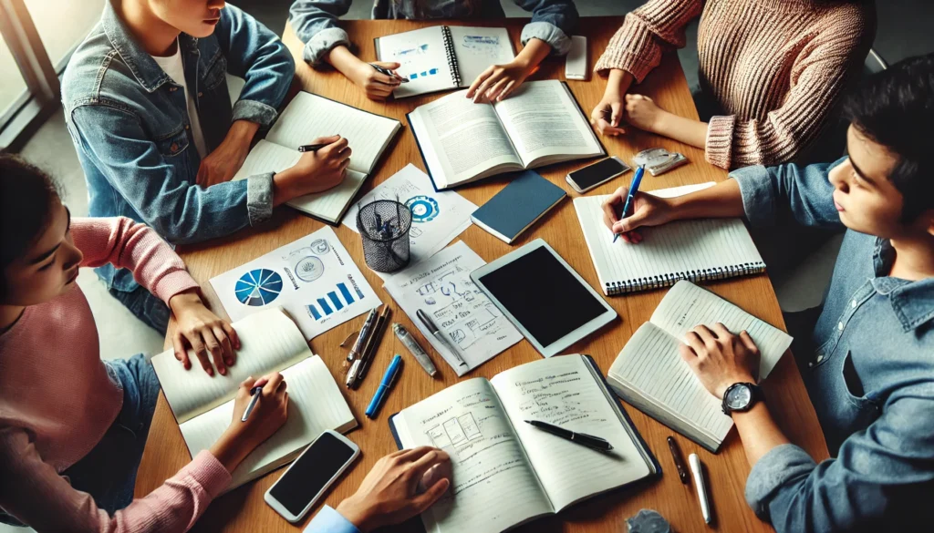 A collaborative study session with a group of students working around a table. The table is filled with notebooks, pens, and a tablet, symbolizing teamwork and effective learning strategies.