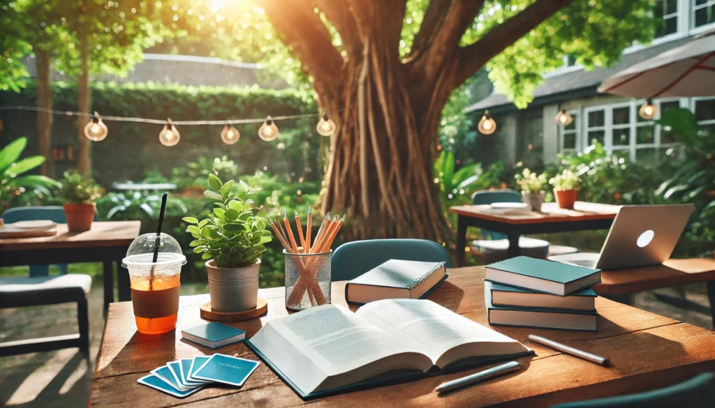 An outdoor study setup with a table holding an open book, a notebook, and flashcards. Sunlight filters through the surrounding trees, providing a refreshing and effective environment for studying.