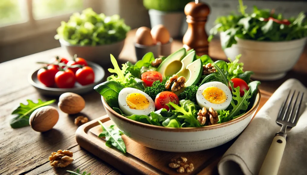 A nutritious salad featuring leafy greens, boiled eggs, avocado slices, cherry tomatoes, and walnuts in a white ceramic bowl, placed on a wooden table with natural light and fresh herbs nearby