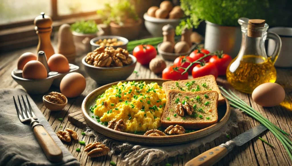 A wholesome breakfast spread with scrambled eggs, whole-grain toast, sliced tomatoes, and walnuts on a rustic wooden table illuminated by warm sunlight