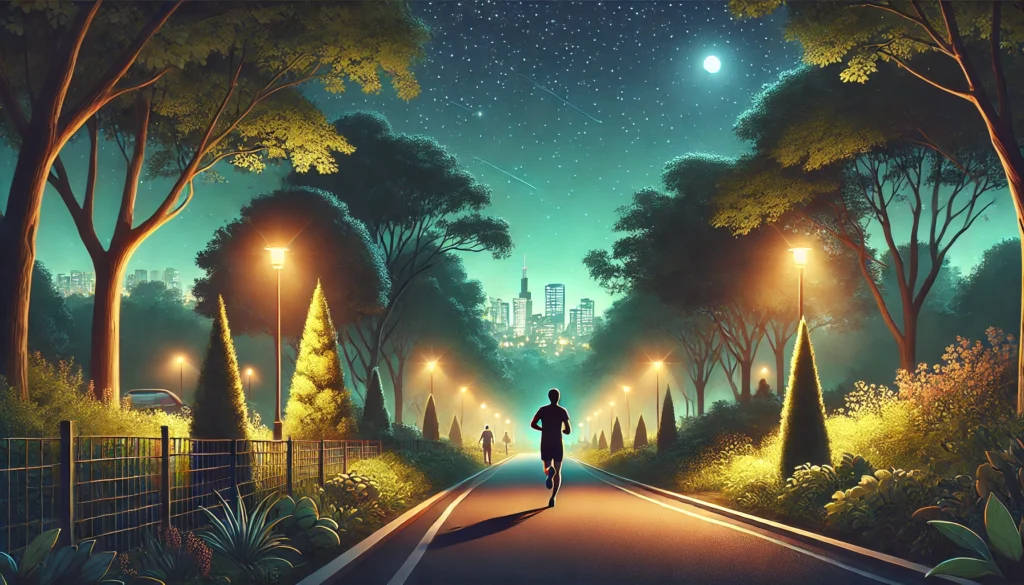 A serene outdoor nighttime park scene featuring a person jogging along a well-lit path. The environment includes lush trees, warm streetlights, and a distant city skyline under a starry sky, creating a peaceful and invigorating ambiance ideal for an evening workout.