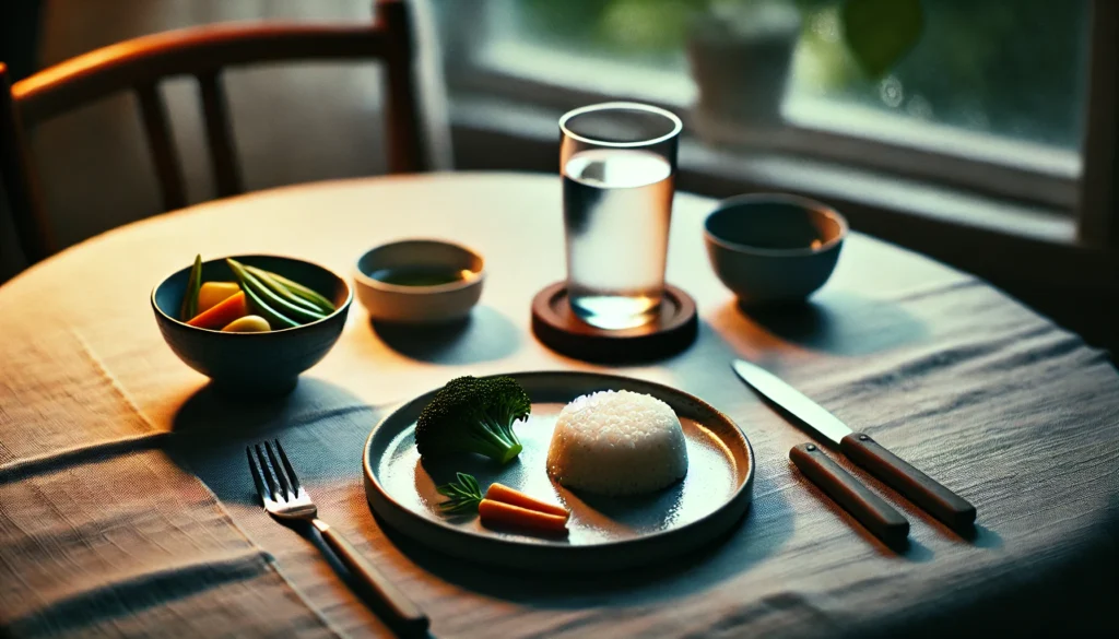 A calming nighttime dinner table featuring a small plate of white rice with steamed vegetables and a glass of water, softly lit to emphasize balance and relaxation.