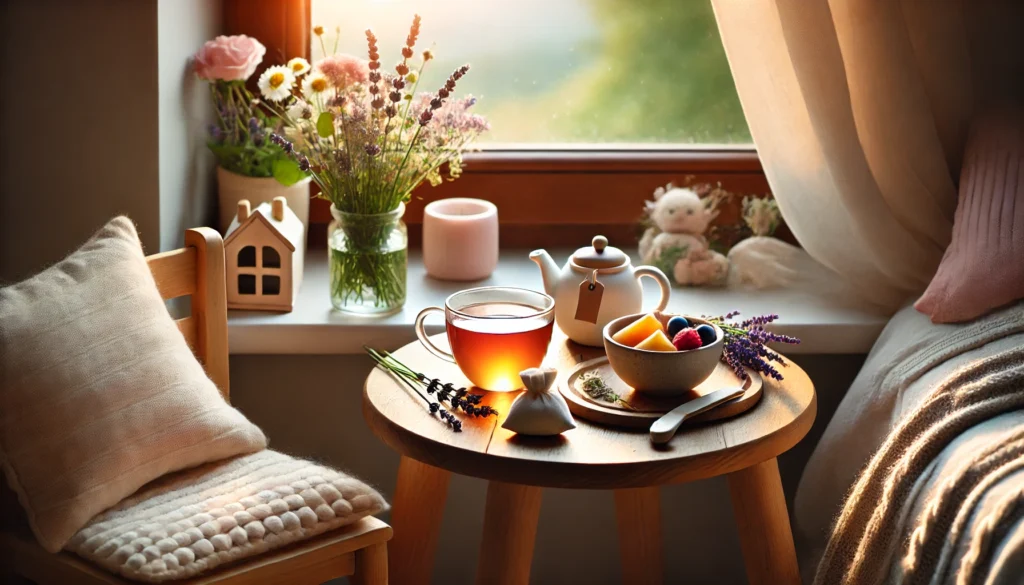 A small wooden table featuring a cup of chamomile tea, a bowl of fresh fruit, and a lavender sachet, placed near a window with soft evening light streaming in. The calming setting promotes relaxation and restful sleep for children.