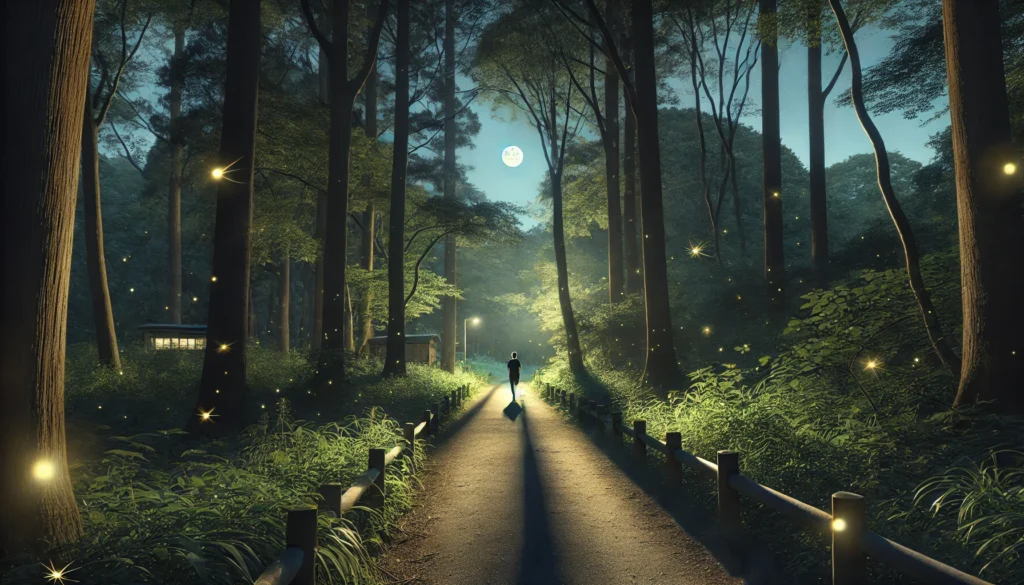 An outdoor nighttime scene of a person walking along a quiet forest trail, softly illuminated by the glow of the moon and scattered fireflies. The path is surrounded by tall trees, creating a calming and soothing atmosphere, perfect for clearing the mind and promoting relaxation before sleep.
