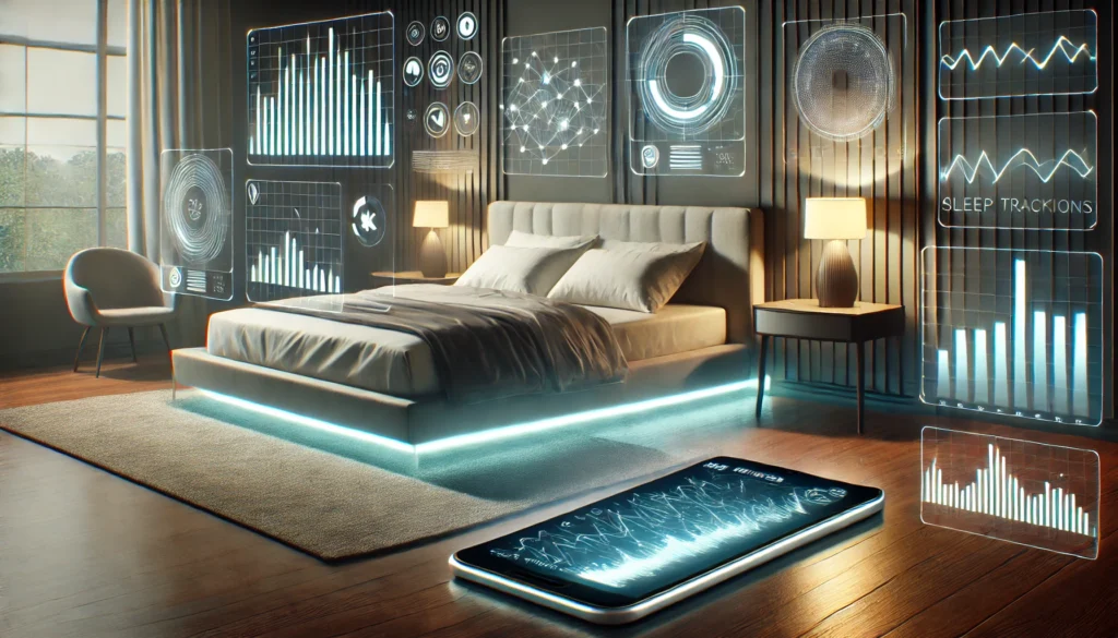 A futuristic bedroom setup showcasing sleep tracking technology, with a sleek bed, a glowing smart device on a bedside table, and floating digital visualizations of sleep metrics. The tranquil environment features dim lighting, promoting restful sleep.