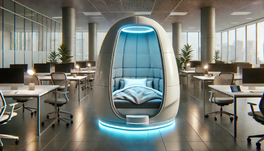 A futuristic sleep pod with adjustable lighting in a corporate environment, surrounded by a minimalist design. The pod provides a private space for quick naps to promote productivity and rest, emphasizing the concept of polyphasic sleep in modern workplaces.