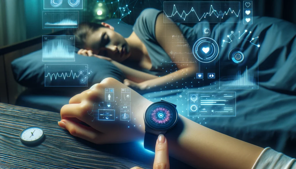 A futuristic depiction of sleep technology, featuring a person sleeping peacefully with a wearable device on their wrist, surrounded by holographic visuals of sleep cycles, heart rate, and metrics in a soothing, dimly lit environment.