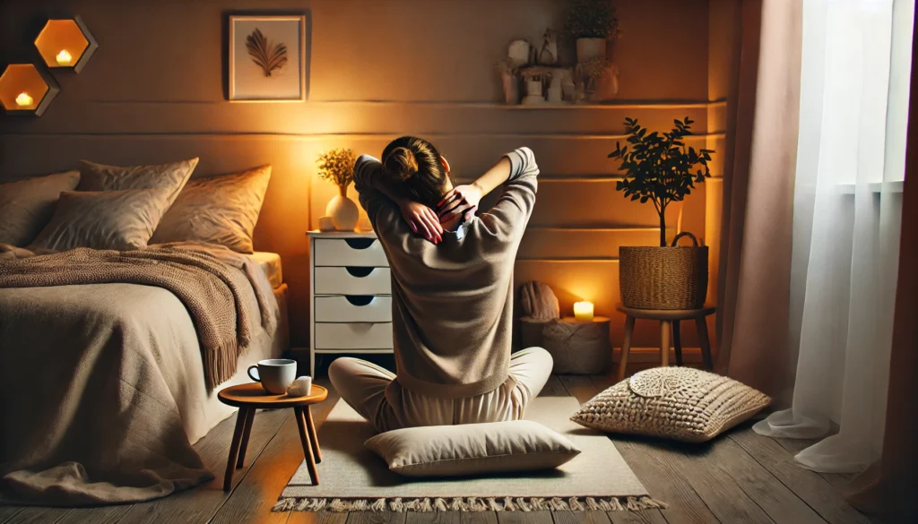 A relaxing bedroom corner with a person seated on a cushion, performing a gentle neck stretch. The scene includes ambient lighting, a side table with a cup of tea, and soft textiles like a blanket and pillows, creating a calming atmosphere.