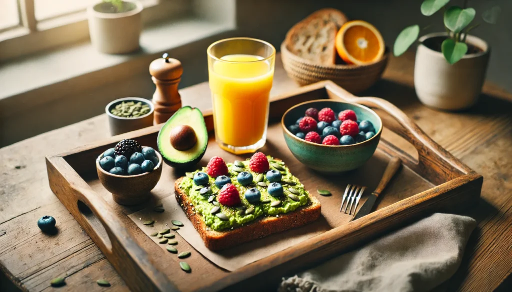 A wholesome breakfast featuring avocado toast with pumpkin seeds, a glass of orange juice, and a bowl of berries, promoting memory health in a cozy morning setting.