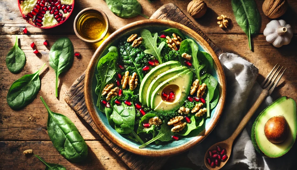 A fresh salad with spinach, kale, walnuts, avocado, and pomegranate seeds, promoting brain health and memory, served in a ceramic bowl on a rustic table