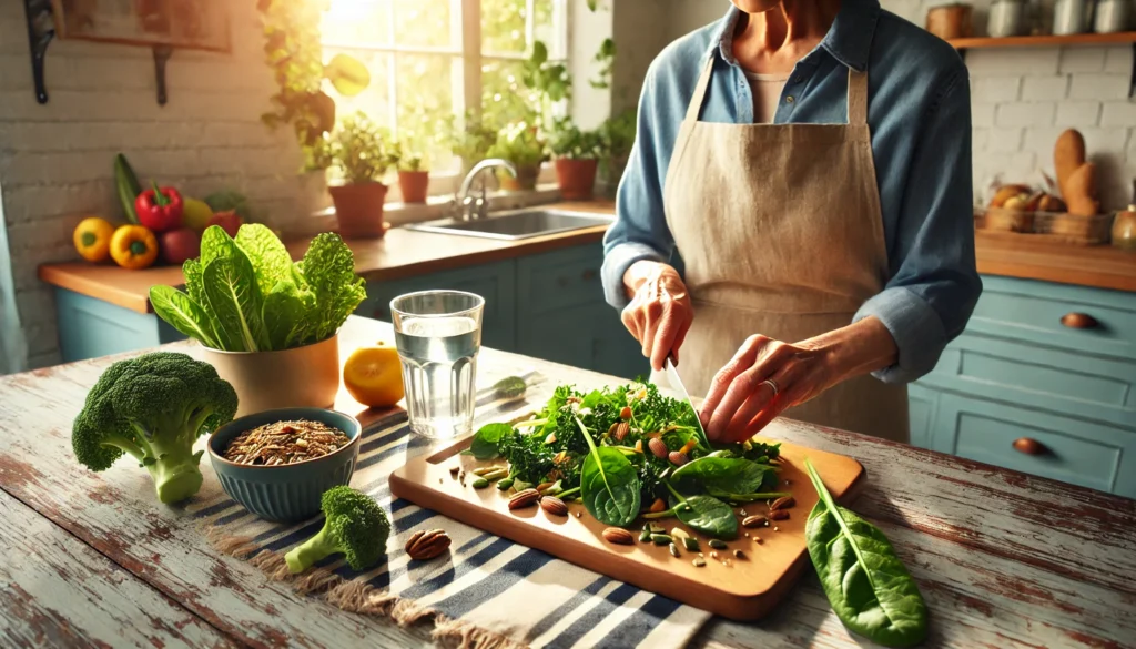 A senior woman preparing a salad with spinach, kale, nuts, and seeds in a sunlit kitchen, promoting brain health through healthy eating