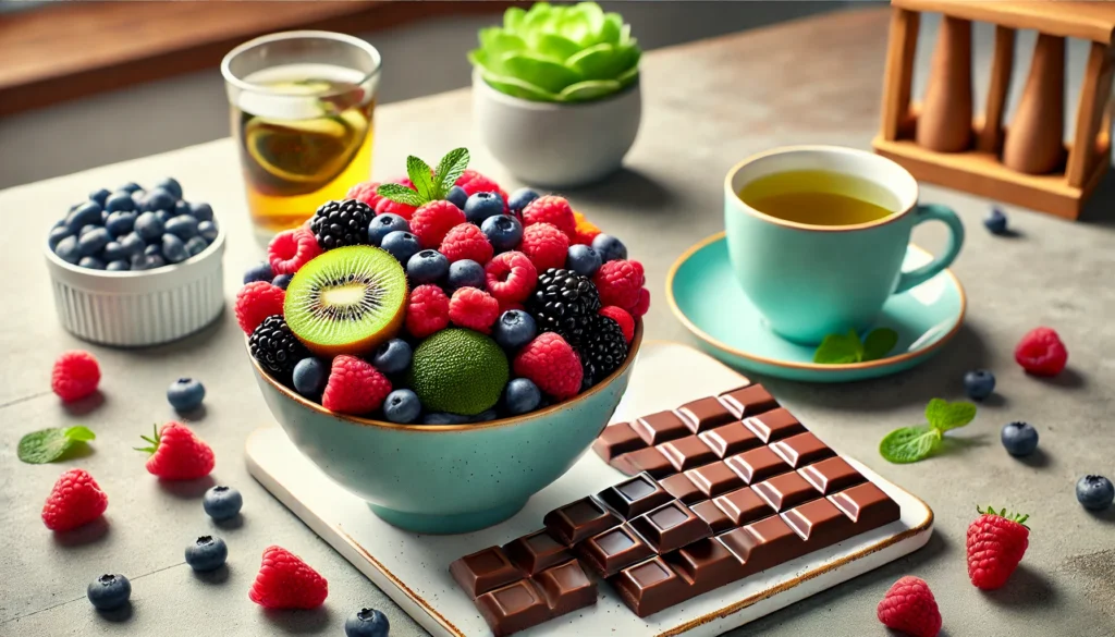 A colorful display of memory-enhancing snacks, including berries, dark chocolate, and green tea, set on a modern kitchen counter for a health-focused vibe