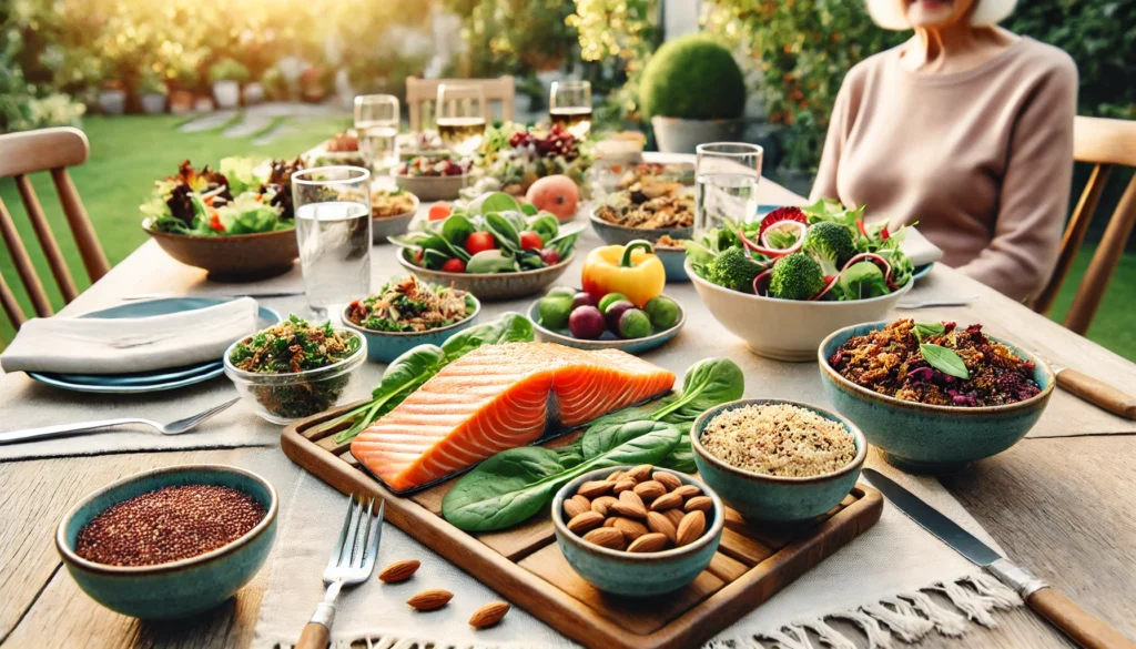 A beautifully arranged dining table outdoors with grilled salmon, colorful leafy greens, mixed nuts, and quinoa, symbolizing wholesome eating for seniors