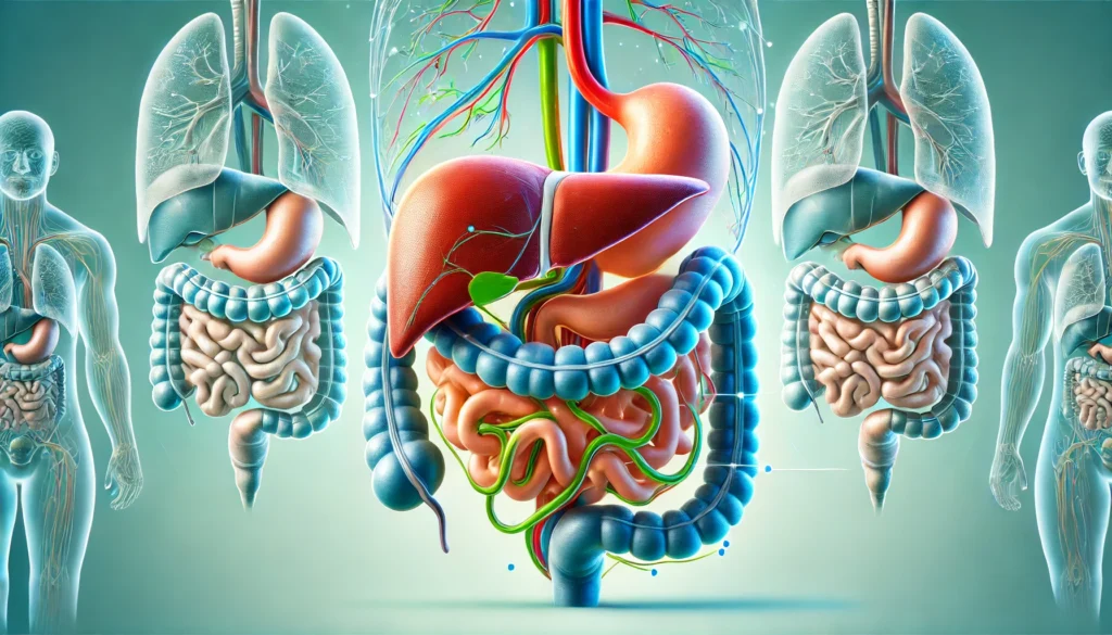 Healthy digestive tract and liver of human body.