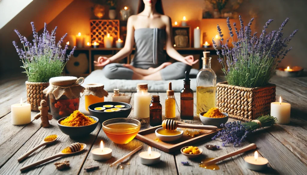 A serene wellness scene showcasing a person practicing holistic self-care with natural remedies such as turmeric, honey, and lavender essential oils in a relaxing environment.