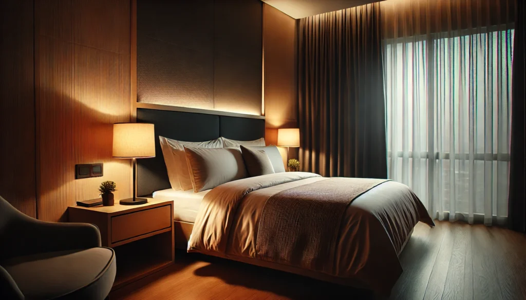 A modern bedroom with a neatly made bed, soft bedside lighting, and floor-to-ceiling curtains, creating a cozy and calming atmosphere conducive to restful sleep.