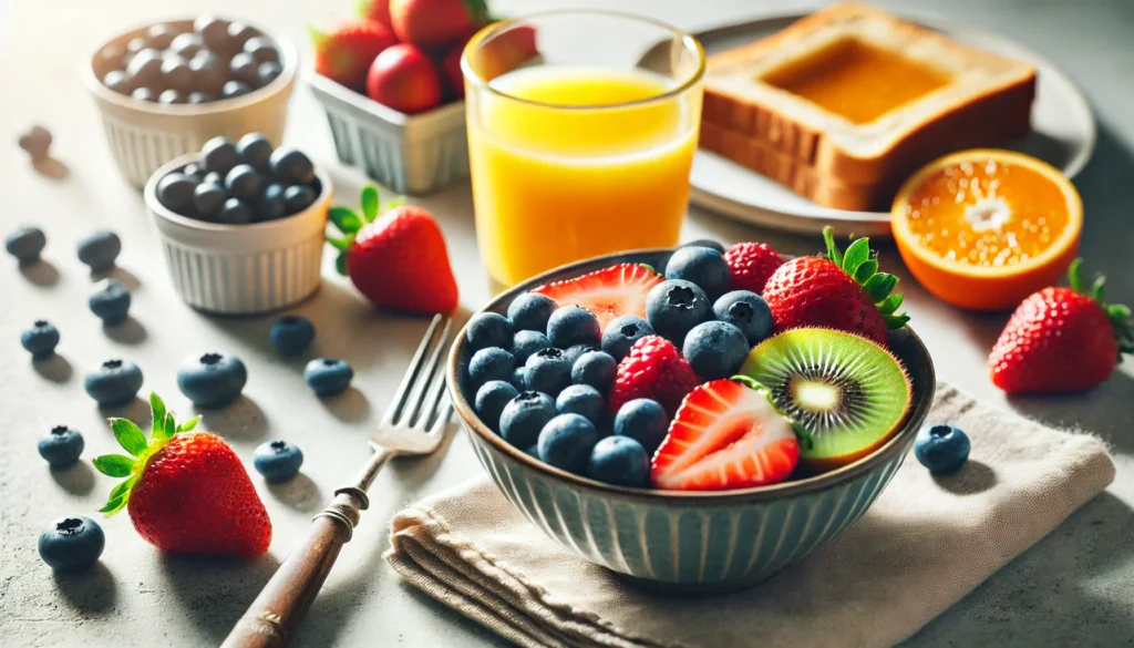 A bright and inviting close-up of a healthy breakfast featuring a bowl of fresh fruits like blueberries, strawberries, and kiwi, a glass of orange juice, and whole-grain toast on a small plate. Natural light enhances the vibrant colors, symbolizing energy and vitality.