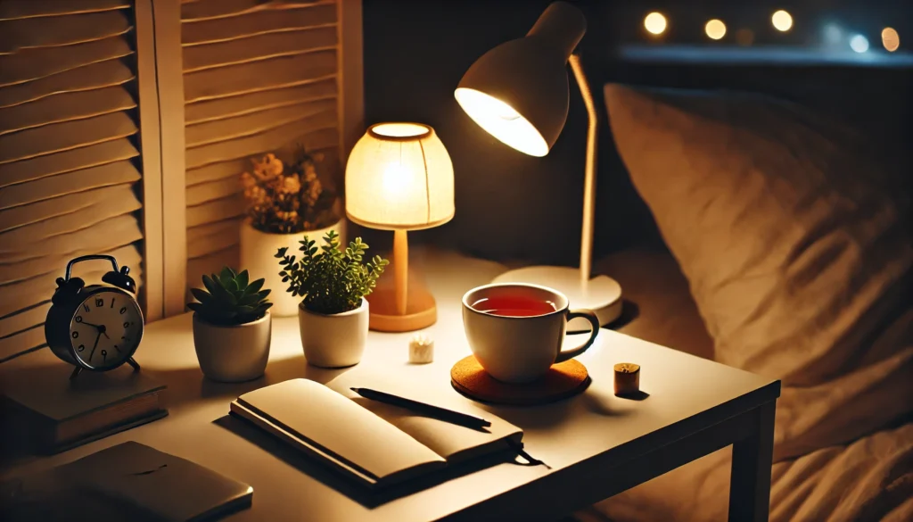 A cozy nighttime desk setup featuring a cup of chamomile tea, a journal, and a softly glowing lamp. The minimalist desk includes a small potted plant, with the room dimly lit to create a calming environment perfect for journaling and easing anxiety before sleep.