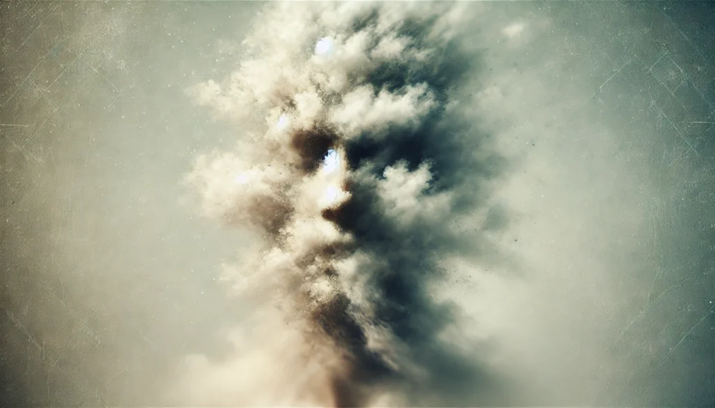 Why cant I remember anything? A blurred, fragmented face fading into mist, representing forgetfulness and confusion